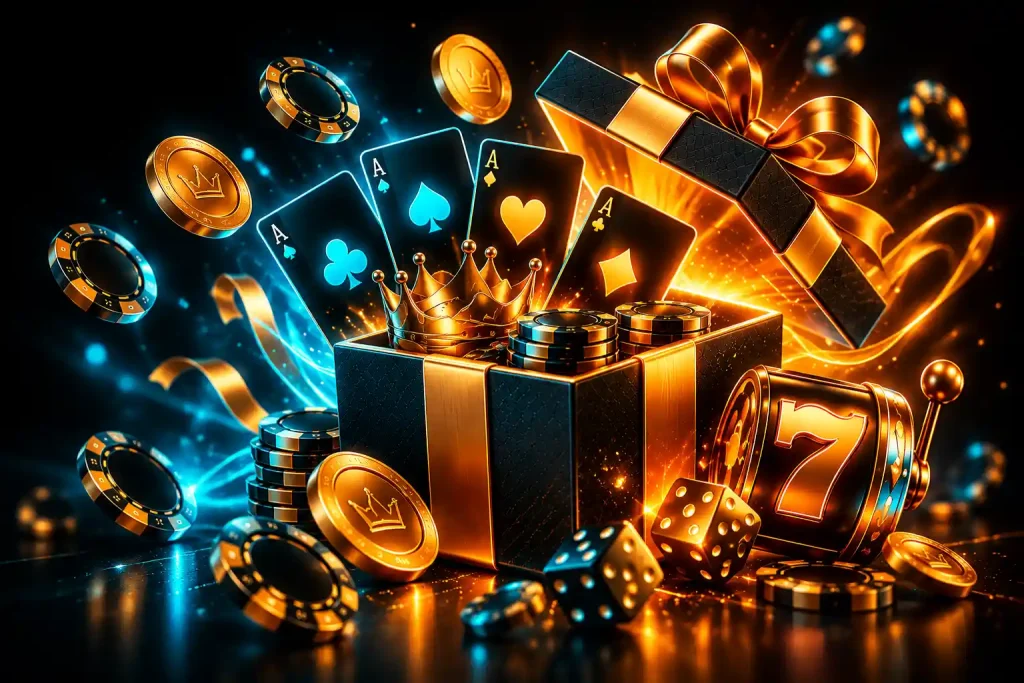 Illustration de bonus et promotions du casino Vegas Dukes avec coffret cadeau, jetons, cartes et dés